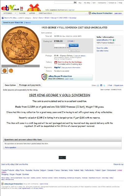 sweet-allsorts  1925 George V Reverse Gold Sovereign eBay Auction Listing